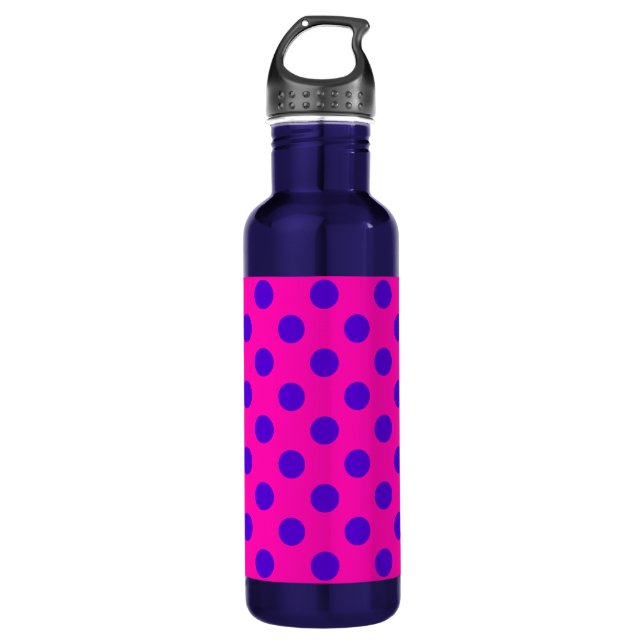 Blaue Polka-Punkte auf Fuchsia Trinkflasche (Vorderseite)