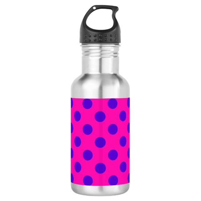 Blaue Polka-Punkte auf Fuchsia Trinkflasche (Vorderseite)