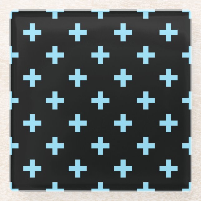 Blaue Pollka-Kreuze auf schwarz Glasuntersetzer (Vorderseite)