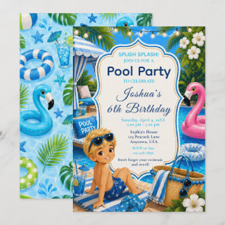 Blaue Poolparty zum Geburtstag eines Jungen Einladung