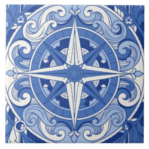 Blaue portugiesische Azulejo-Kompassrose-Medaillon Fliese