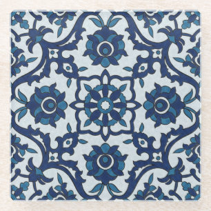 Blaue portugiesische Azulejos-Blumenfliesenmuster Glasuntersetzer