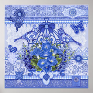Blaue Porzellanvögel und Birdcage Poster