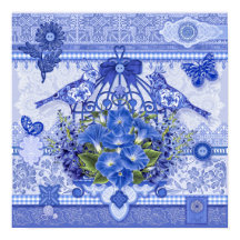 Blaue Porzellanvögel und Vogelkäfig Poster 16 x 16