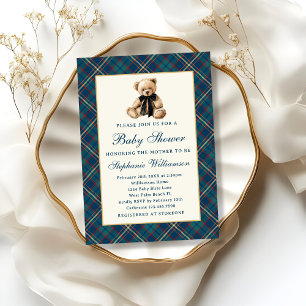 Blaue präppy karierte Vintage-Teddybär-Baby-Party Einladung