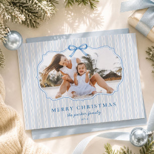 Blaue preppy-Weihnachts-Ticking-Streifen-Familienf Feiertagskarte