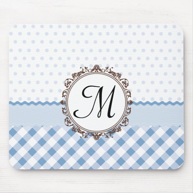 Blaue Punkt, Karo und Streifen mit Monogramm Mousepad (Vorne)