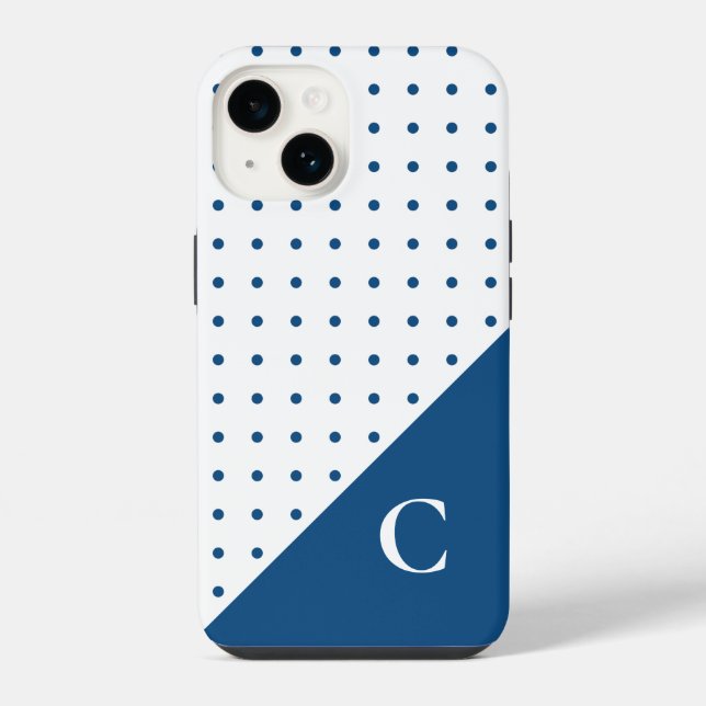 Blaue Punkte auf weißem Monogramm-Muster iPhone Hülle (Rückseite)