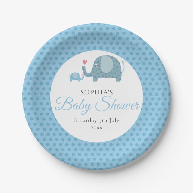 Blaue Punkte Elefanten Babyparty / Sprinkle Pappteller (Vorderseite)