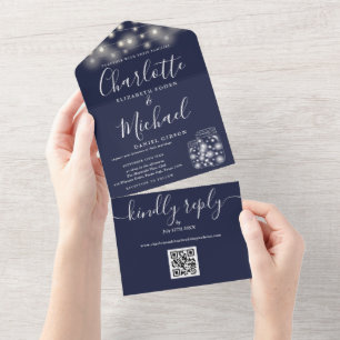 Blaue QR-Code-Mason-Gläser-Lichterketten-Hochzeit All In One Einladung