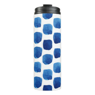 Blaue Quadrate, Wasserfarbe nahtloses Muster. Thermosbecher