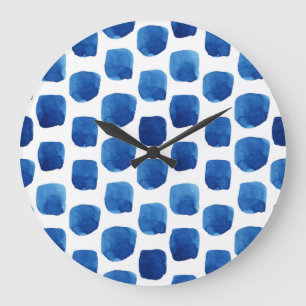 Blaue Quadrate, wasserfarbenes, nahtloses Muster. Große Wanduhr