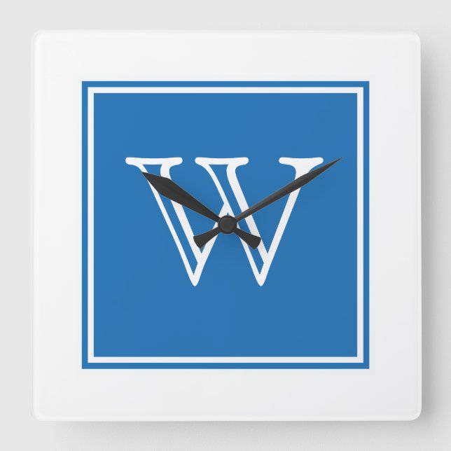 Blaue quadratische Monogramm-Uhr Wanduhr (Vorderseite)