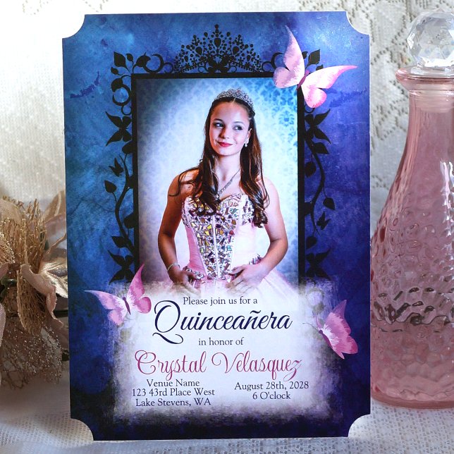 Blaue Quinceanera Einladung, rosa Schmetterlinge Einladung (Pink Quinceanera dress, royal blue frame, Pink butterflies, pink and blue quinceanera invitations)