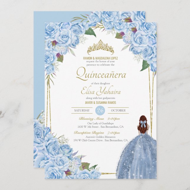 Blaue Quinceanera Rose Piazza della Riforma Einladung (Vorne/Hinten)