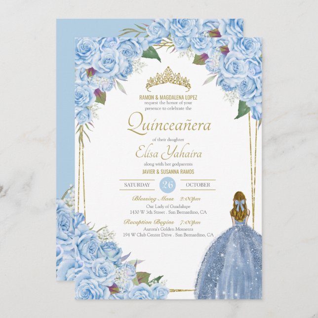 Blaue Quinceanera Rose Piazza della Riforma Einladung (Vorne/Hinten)