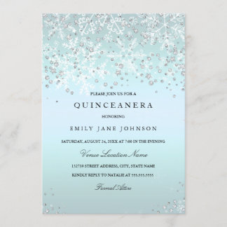 Blaue Quinceanera Winter Wonderland Schneeflocken Einladung