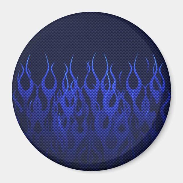 Blaue Racing Flammen auf Carbon Fibre Print Magnet (Vorne)