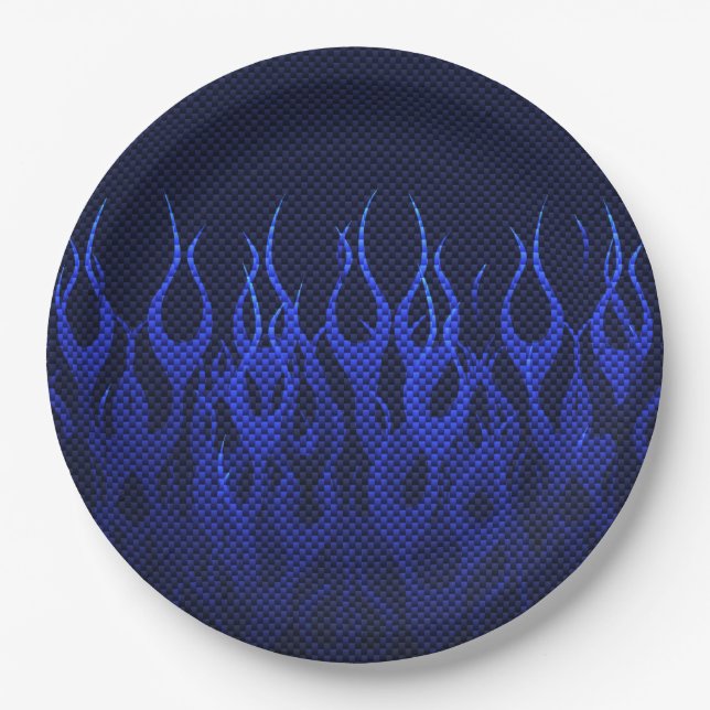 Blaue Racing Flammen auf Carbon Fibre Print Pappteller (Vorderseite)