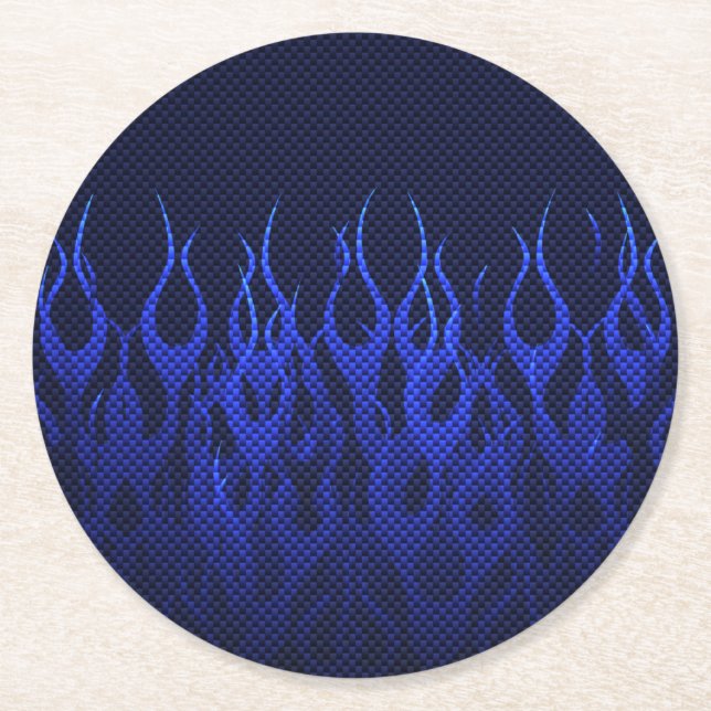 Blaue Racing Flammen auf Carbon Fibre Print Runder Pappuntersetzer (Vorderseite)
