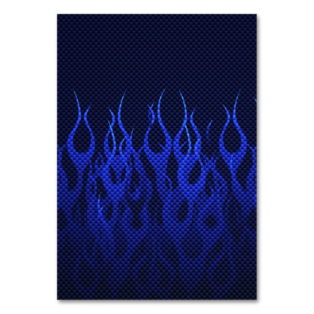 Blaue Racing Flammen auf Carbon Fibre Print Tischnummer (Vorderseite)