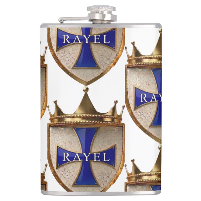 Blaue RayEl Crest Vinyl umhüllte Flasche Flachmann (Vorderseite)