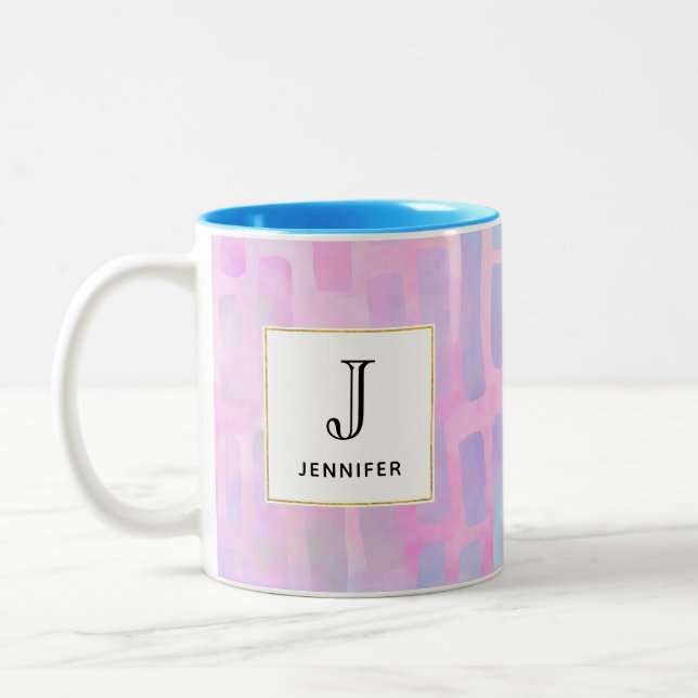 Blaue Rechteck-Formen auf rosa Hintergrundmonogram Zweifarbige Tasse (Links)