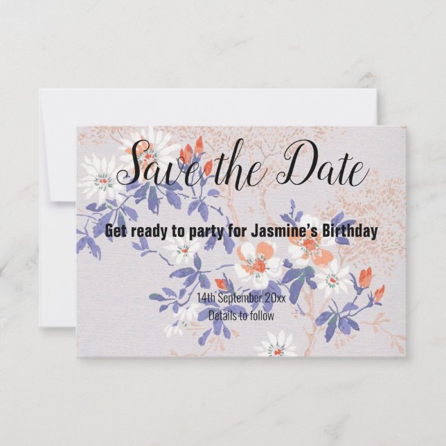 BLAUE RED SILVER CHERRY BLOSSOM SAVE THE DATE RSVP KARTE (Vorderseite)