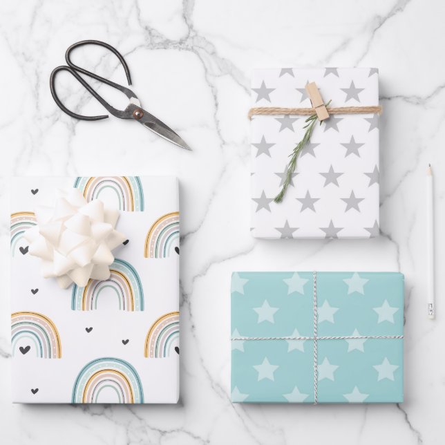 Blaue Regenbogenbrücke und Sterne Geschenkpapier Set (Vorderseite)
