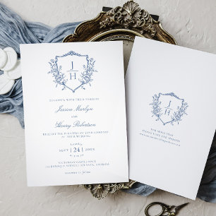 Blaue Regency-Blumen-Wappen-Monogramm-Hochzeit Einladung