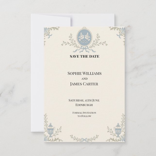 Blaue Regency-Cameo-Hochzeit Bitte Termin vormerke Save The Date (Vorderseite)