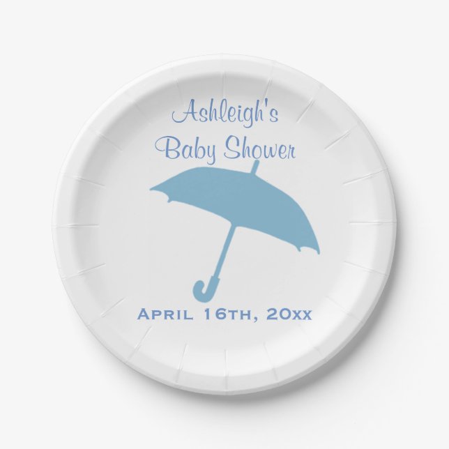 Blaue Regenschirm-Babyparty Pappteller (Vorderseite)