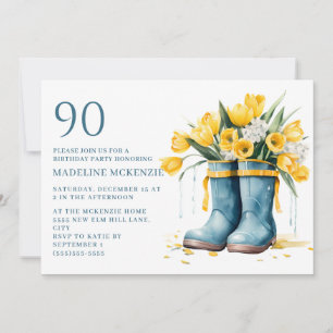 Blaue Regenstiefel Gelbe Tulpen 90. Geburtstag Einladung