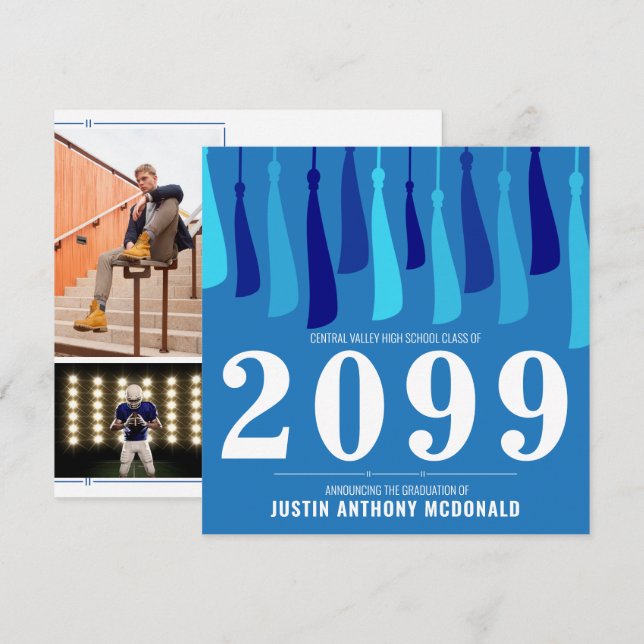 Blaue Reihe von Tassels Zwei-Foto-Abschluss Einladung (Vorne/Hinten)