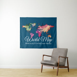 Blaue Reisebüro-Wasserfarben-Weltkarte Wandteppich