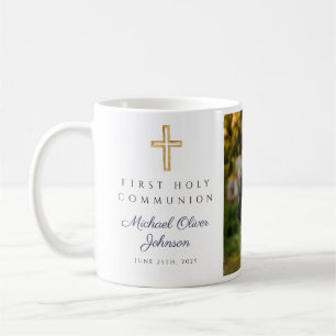 Blaue religiöse Kreuz Jungen-Erstkommunion-Foto Kaffeetasse