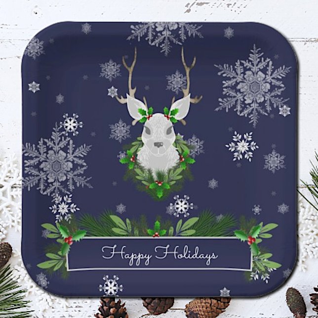 Blaue Rentierpapierplatte Pappteller (Blue Reindeer Christmas Paper Plates)