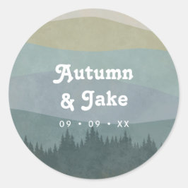 Blaue Retro-Berge und Wald-Hochzeitsgeschenk Runder Aufkleber