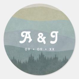 Blaue Retro-Berge und Wald Hochzeitsmonogramm Runder Aufkleber