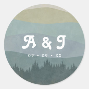 Blaue Retro-Berge und Wald Hochzeitsmonogramm Runder Aufkleber