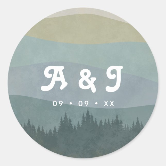 Blaue Retro-Berge und Wald Hochzeitsmonogramm Runder Aufkleber (Vorderseite)