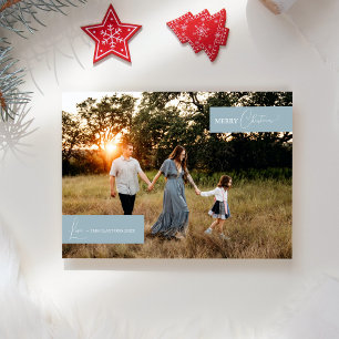 Blaue Retro-Boho-Minimalist-Familiennachrichten-Fo Feiertagskarte