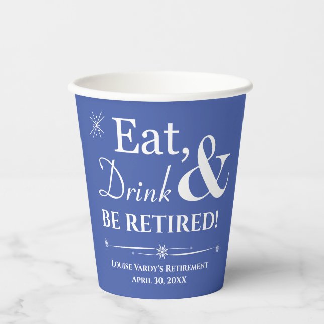 Blaue Retro-Essen-Trinken-und-Ruhestandsparty Pappbecher (Vorderseite)