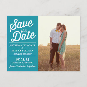 Blaue Retro-Schriftfoto-Save-the-Date-Postkarte Ankündigungspostkarte