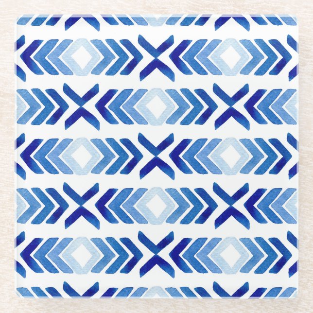 Blaue Rhombus-Pfeile Wasserfarbmuster Glasuntersetzer (Vorderseite)