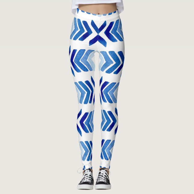 Blaue Rhombus-Pfeile Wasserfarbmuster Leggings (Vorderseite)