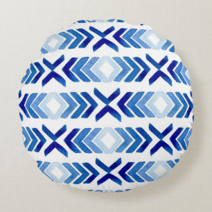 Blaue Rhombus-Pfeile Wasserfarbmuster Rundes Kissen