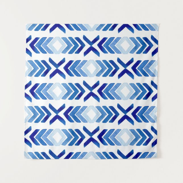 Blaue Rhombus-Pfeile Wasserfarbmuster Wandteppich (Vorderseite)