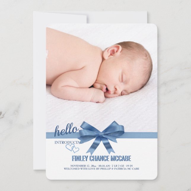 Blaue Ribbon-Foto Geburtsankündigung Ankündigung (Vorderseite)