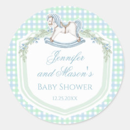 Blaue Rockpferde Gingham Babydusche Runder Aufkleber